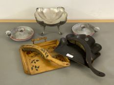 A 19th century papier mache crumb tray and brush, together with another crumb tray and brush, a pair