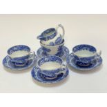 A Spode Italian blue and white transfer printed morning tea set including three cups, four
