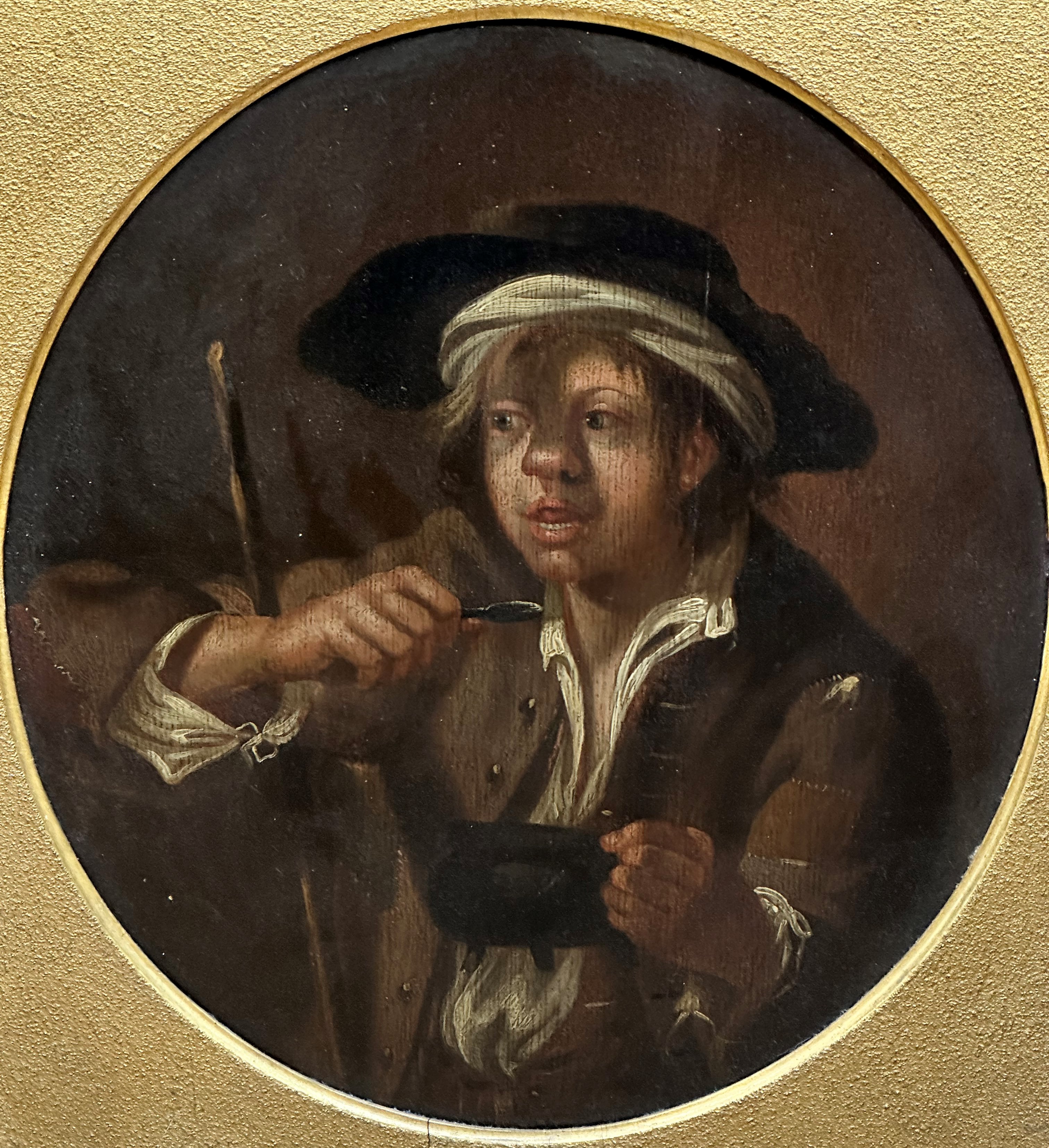 After David Teniers, (Flemish 1610-1690), Portrait of a Young Boy Eating, oil on panel, gilt