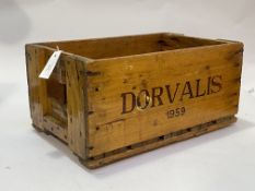 A mid 20thc varnished pine twin handled crate stamped Dorvalis 1959 (24 x 49 x 31)