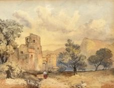 John MacWhirter RA (Scottish 1839 - 1911) Continental Landscape with Ruined Castle and Figures,