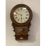 A late 19th century walnut cased drop dial wall clock, white painted dial with Roman chapter ring,