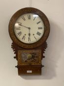 A late 19th century walnut cased drop dial wall clock, white painted dial with Roman chapter ring,