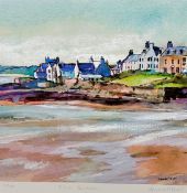 Anna Fisher, Elie Beach, limited edition print 22/100, oak glazed frame, (25 x 25)