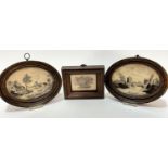 A pair of 19thc oval silk printed panels depicting Continental River Scenes with Figures on Boats,