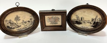 A pair of 19thc oval silk printed panels depicting Continental River Scenes with Figures on Boats,