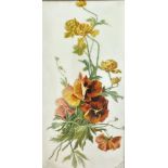 H Snoo, Victorian milk glass panel painted with Pansies, ebonised frame, (44cm x 22cm)