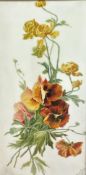 H Snoo, Victorian milk glass panel painted with Pansies, ebonised frame, (44cm x 22cm)