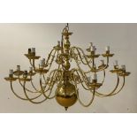 A gilt lacquered brass Dutch style chandelier, with eighteen scrolled branches issuing from a