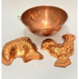 A 19thc copper tapered mixing bowl (15cm x 32cm) a copper fish mousse mould (28cm x 25cm) and a