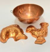 A 19thc copper tapered mixing bowl (15cm x 32cm) a copper fish mousse mould (28cm x 25cm) and a