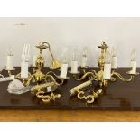 A pair of cast brass five branch chandeliers, with chain and rose (H30cm) together with a pair of
