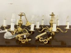A pair of cast brass five branch chandeliers, with chain and rose (H30cm) together with a pair of