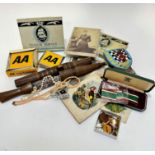 A collection of vintage photographs, handpainted bird figures, two Senior Service cigarette tins,