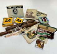 A collection of vintage photographs, handpainted bird figures, two Senior Service cigarette tins,