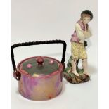 A Carlton Ware pink lustre biscuit box with raffia handle with pewter mounted and glass Art Nouveau
