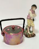 A Carlton Ware pink lustre biscuit box with raffia handle with pewter mounted and glass Art Nouveau