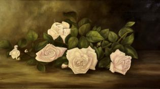 T Sheldon, White Roses, oil on canvas, a/f, signed and dated bottom right, gilt composition frame (