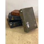 A leather covered brief case (46cm) together with a graduated pair of blue fibre suitcases, early