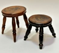 A 19thc treen circular stool with moulded edge, four turned tapered supports, (23cm x 20cm) and an