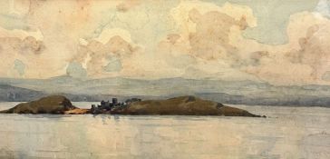 Scottish School, Loch Scene with Island and Derelict Church, watercolour, unsigned, glazed oak