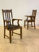 A Set of eight (6+2) oak Arts and Crafts dining chairs, circa 1900, the arched crest rail with