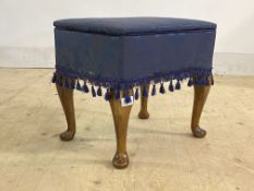 A 1930's sewing box ottoman, the top upholstered in blue silk floral damask, with fitted interior,