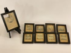 A set of eight Victorian miniture prints, depicting dress and vistas including crystal palace,