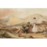 19th Scottish School, Highlander Lamenting with his Wife with Bottle and Child, watercolour,