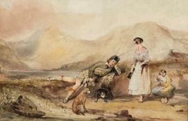 19th Scottish School, Highlander Lamenting with his Wife with Bottle and Child, watercolour,