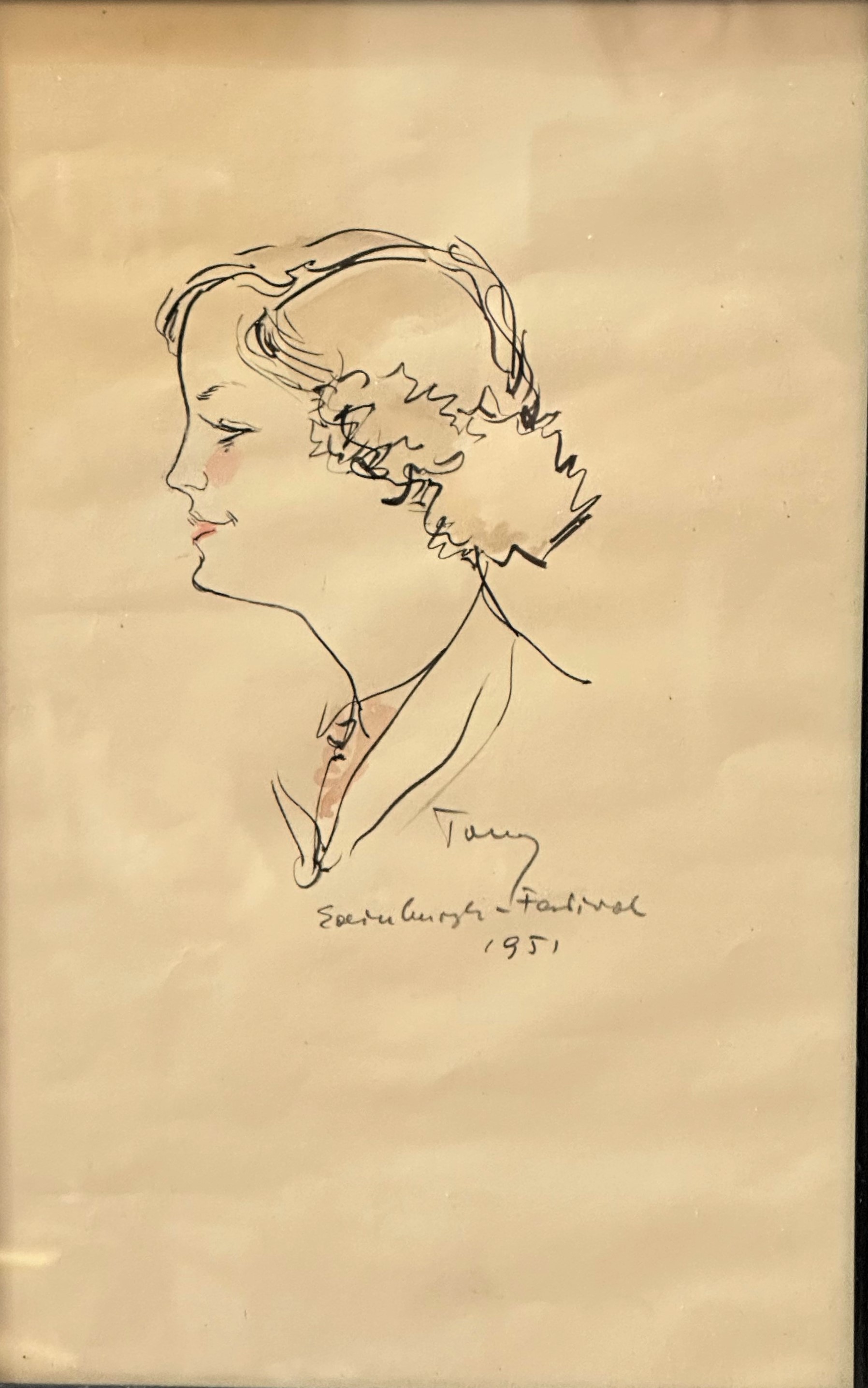 Tally, Edinburgh Festival 1951, pen and ink profile sketch highlighted with colour, (27cm x 17cm)
