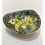 Maltese Interest: Elaine Malta triangular shaped fish pottery dish raised on pad feet, decorated