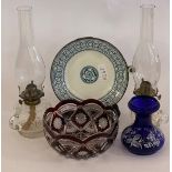A mixed lot to include a Bohemian red cut glass bowl (D21cm) a blue and white glass vase of squat