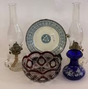 A mixed lot to include a Bohemian red cut glass bowl (D21cm) a blue and white glass vase of squat