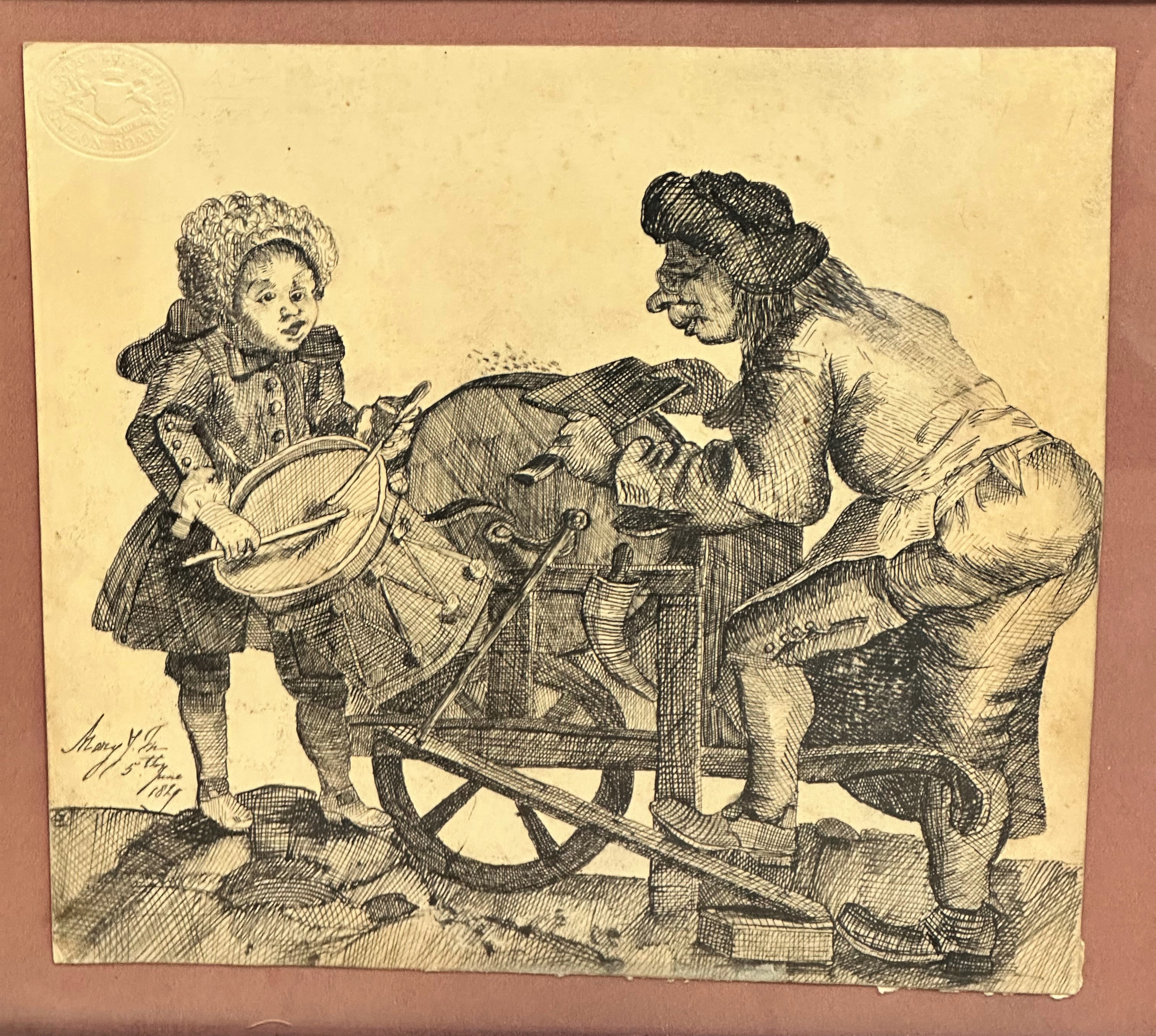 Mary J, Drummer Boy, pen and ink drawing, signed bottom left, dated 5th June 1829 with embossed seal