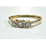 An Edwardian 18ct yellow gold and platinum mounted three stone graduated diamond ring, the