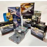 A collection of die cast model planes including a Hawker Hunter Mk6, a Gloucester Meteor F Mk8, a