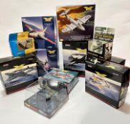 A collection of die cast model planes including a Hawker Hunter Mk6, a Gloucester Meteor F Mk8, a
