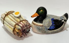 A china mallard duck tureen complete with duck handled sauce ladle, (20cm x 26cm x 13cm) and an