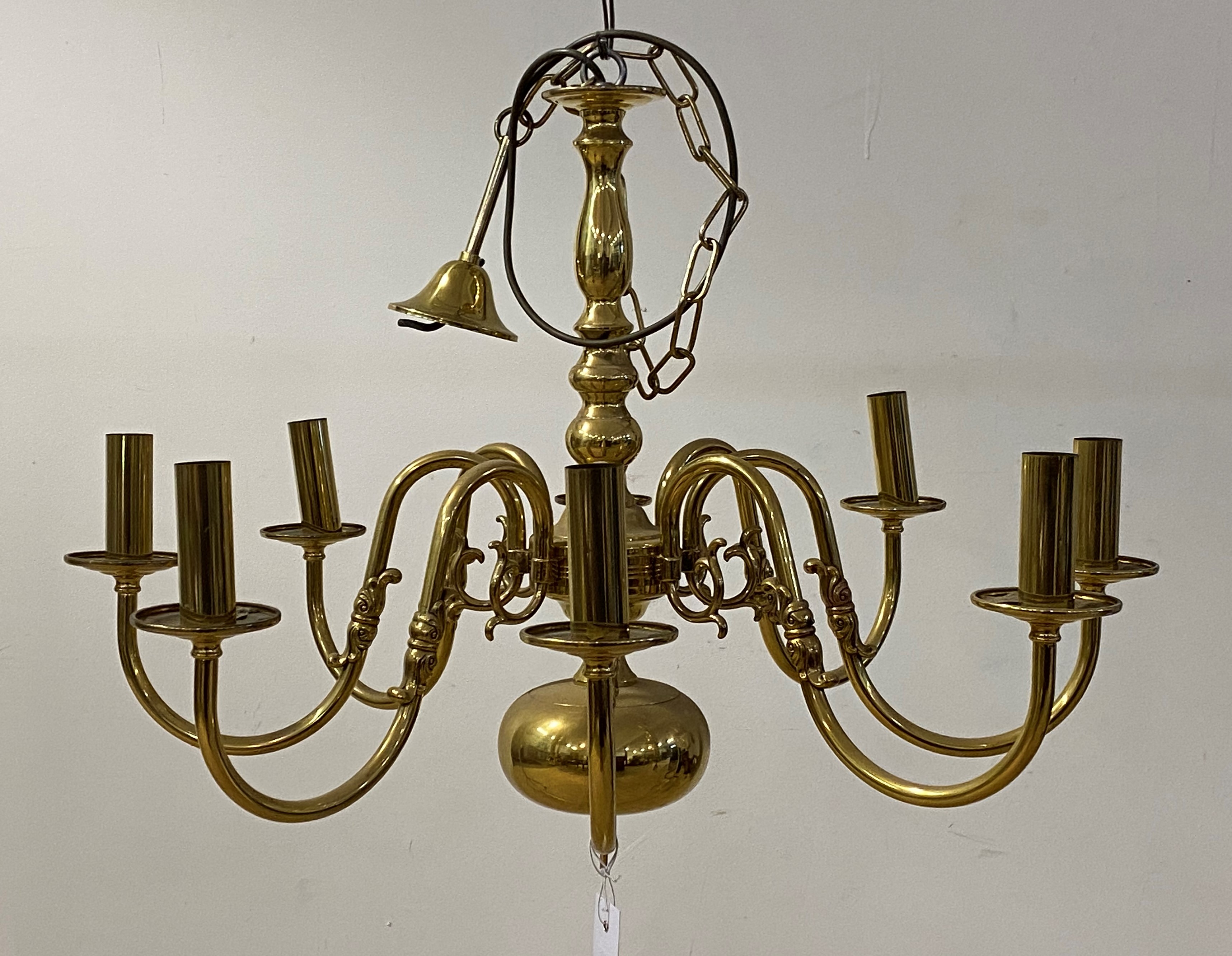 An Eight branch lacquered brass Dutch style chandelier, with chain and rose, H53cm