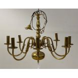 An Eight branch lacquered brass Dutch style chandelier, with chain and rose, H53cm