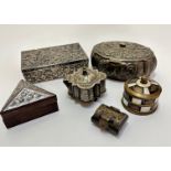 A collection of treen and metal boxes including a rectangular chased white metal box, (5cm x 6.5cm x