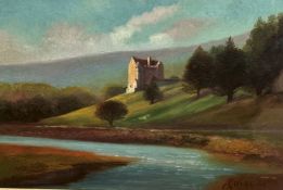 G Calzis, Tower House by a River, oil on canvas, signed bottom right, gilt glazed frame, (28cm x