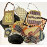 A collection of nine lady's evening purses, one with a hand-stitched centre depiction of flowers,