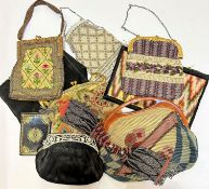 A collection of nine lady's evening purses, one with a hand-stitched centre depiction of flowers,