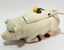 A Venetian novelty pig pottery tureen complete with sauce ladle and paper label inside of top, with