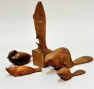 A treen carved leaping salmon figure (19cm x 5cm), unsigned, a Crowe of Canada pitch pine carved