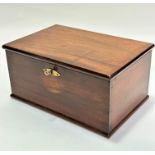 An Edwardian mahogany rectangular box, the top with moulded edge enclosing a plain interior complete