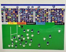 G Barker, Scotland Rugby Match, acrylic on panel in naive style, white finished glazed frame, signed