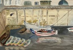 Scottish School, Harbour Scene with Row Boats and Fishing Boat, oil on textured board, inscribed
